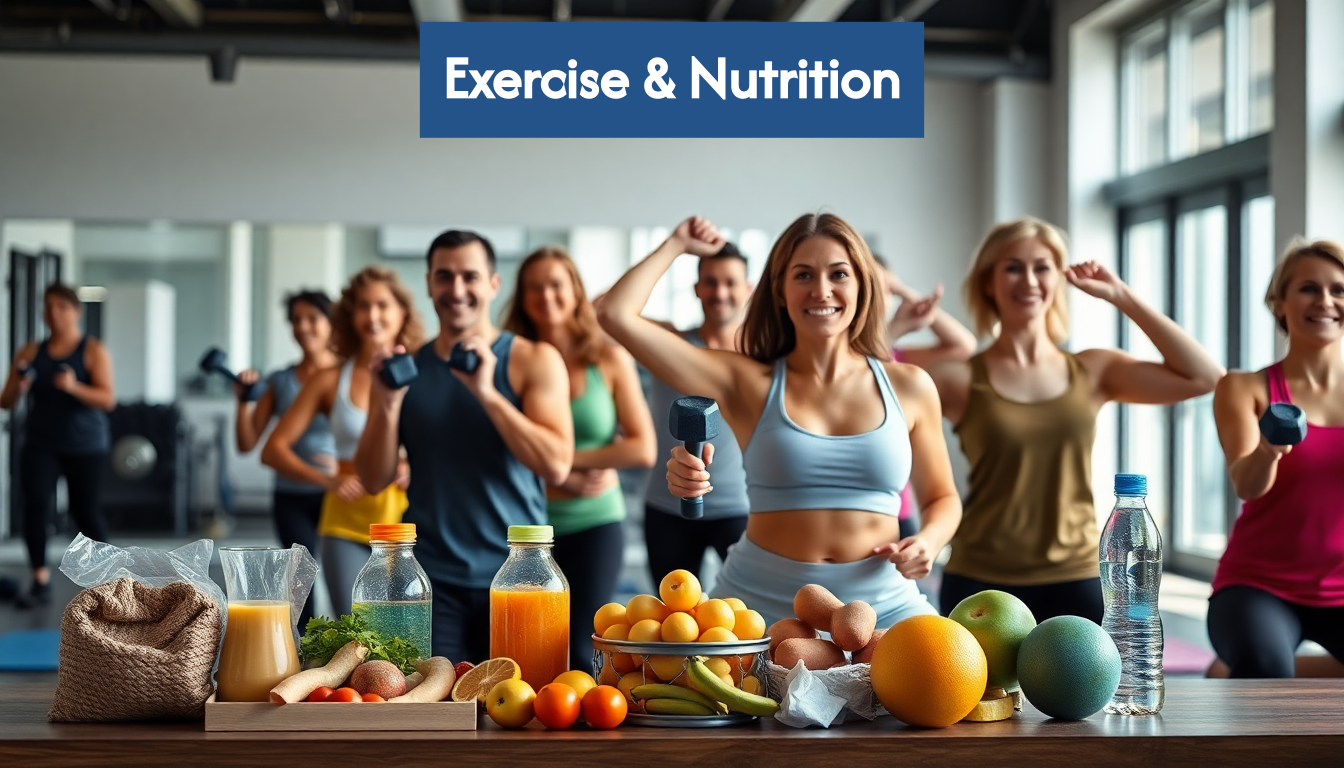 Group of adults exercising in a gym with healthy snacks nearby