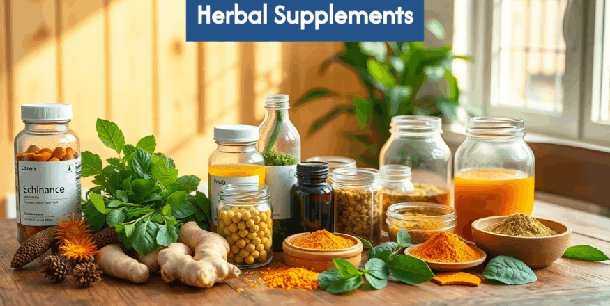 Assorted herbal supplements and fresh herbs on table