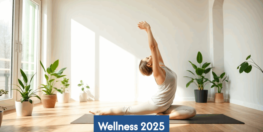 Person stretching in a sunlit home wellness space