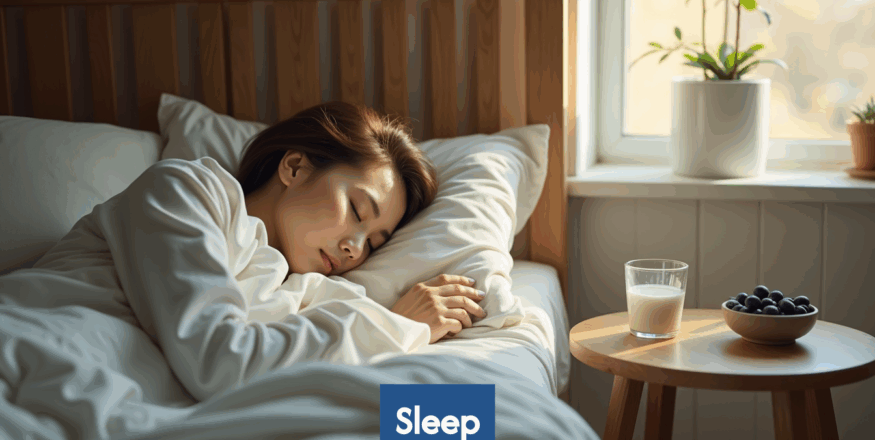 A person sleeping peacefully with healthy food nearby.