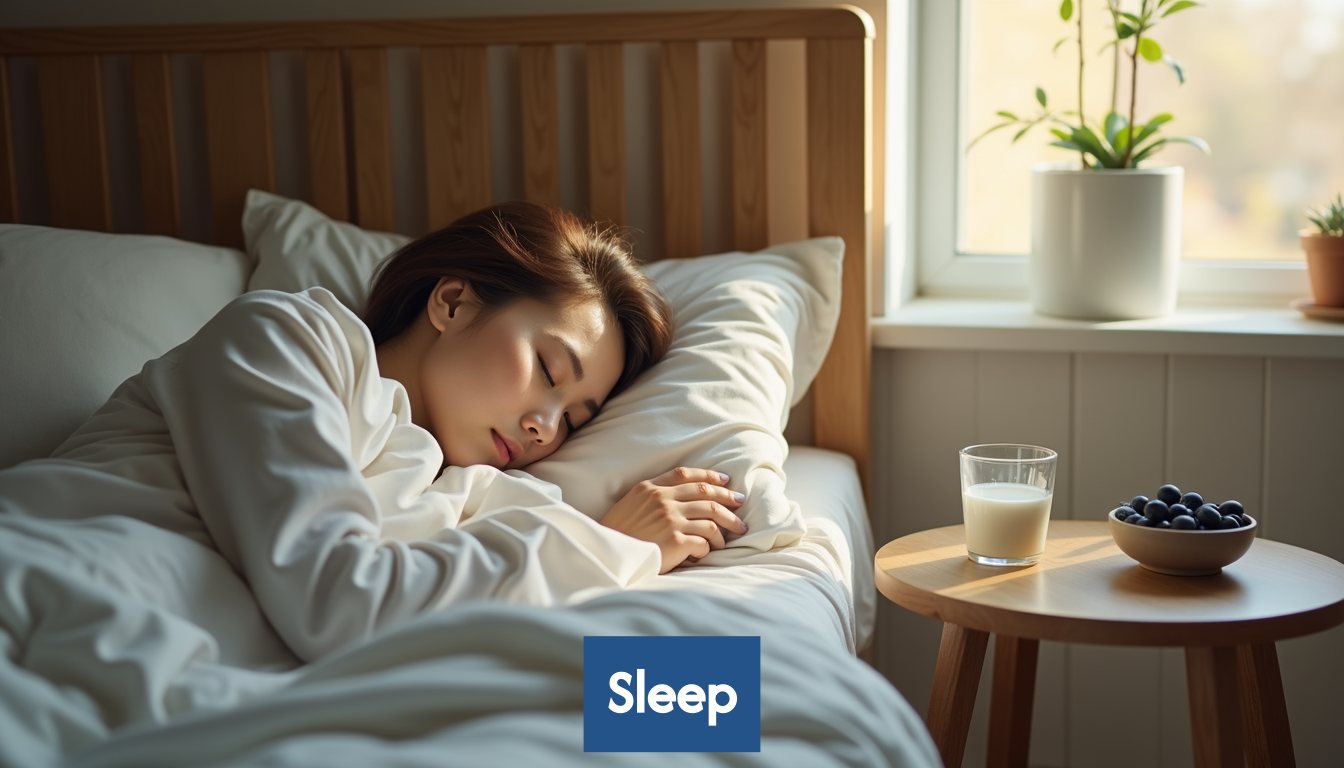 A person sleeping peacefully with healthy food nearby.
