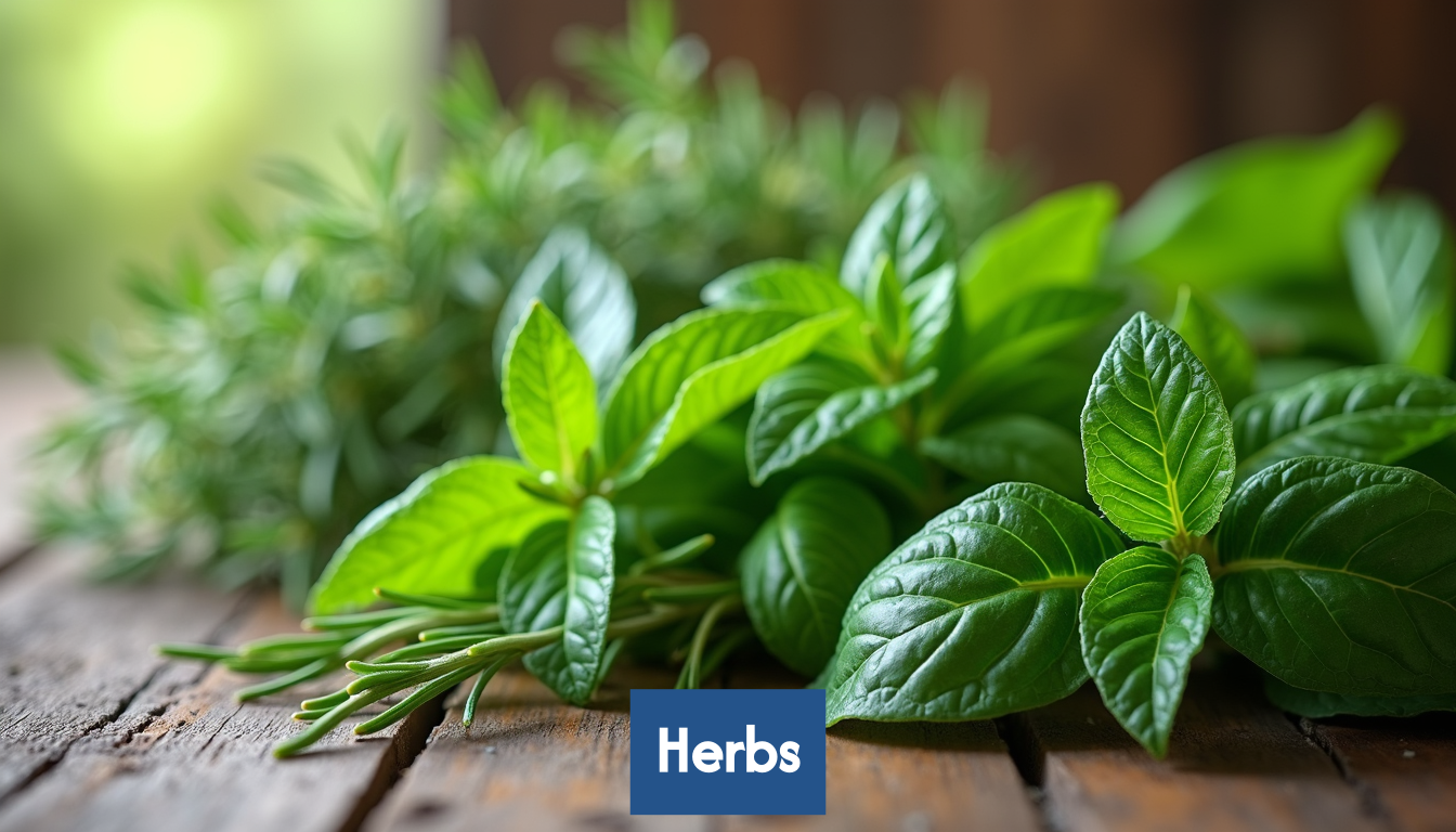 Assortment of fresh herbs on a wooden table.