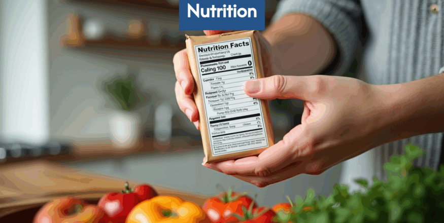 Hand pointing at a nutrition label on a food package.