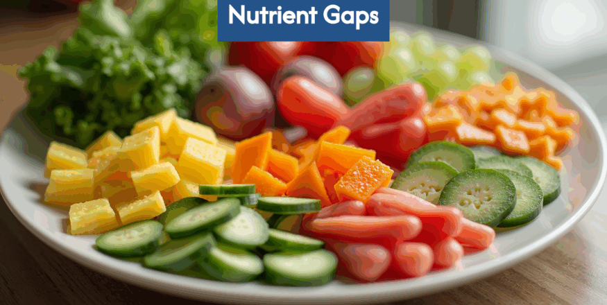 A plate showing a healthy meal with areas representing nutrient gaps.