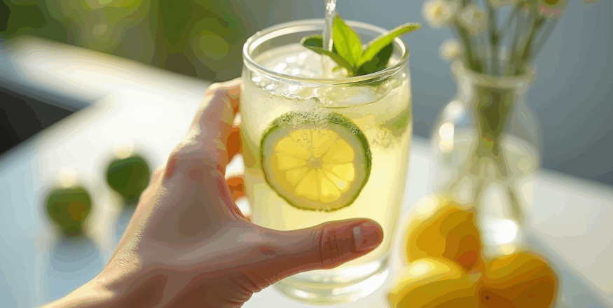 Hand holding water glass with lemon lime slices.