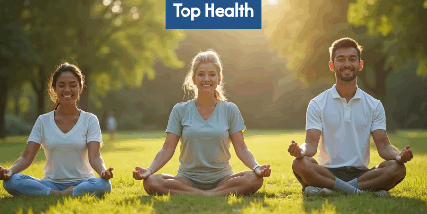 Diverse people meditating, cooking, and walking outdoors.