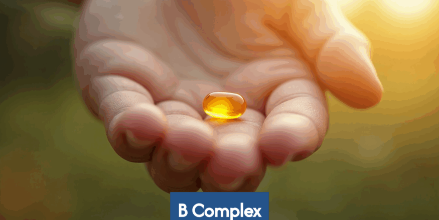 Hand holding a B complex vitamin pill.