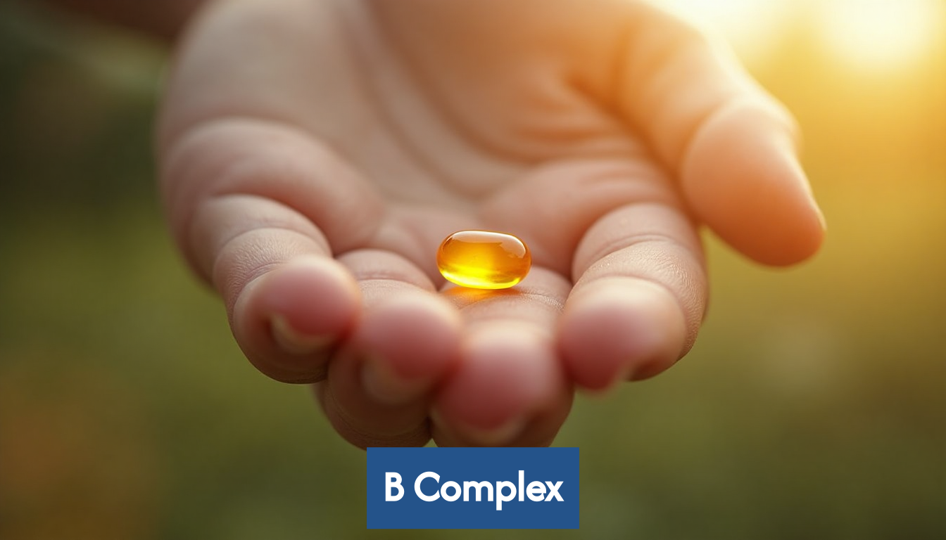 Hand holding a B complex vitamin pill.
