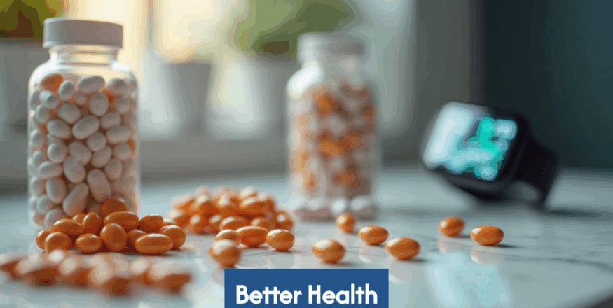 Modern nutrition pills and smart bottles on counter