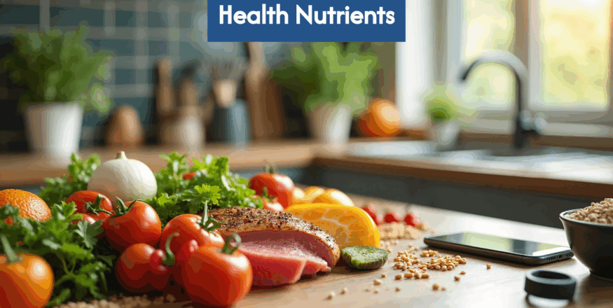 Modern kitchen table with healthy foods and tracking devices