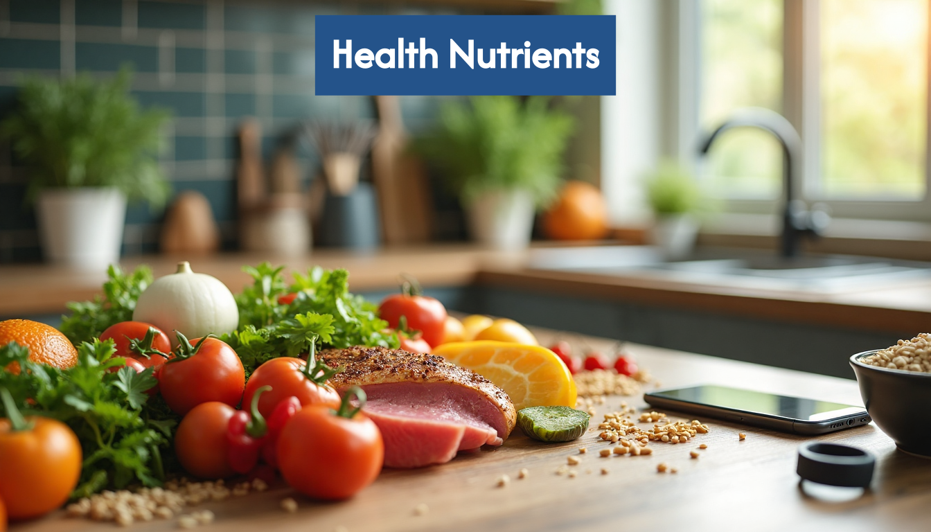 Modern kitchen table with healthy foods and tracking devices