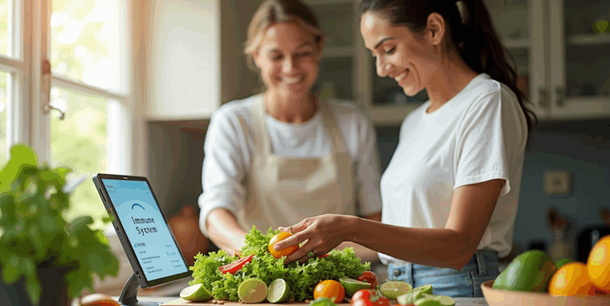 Two adults making a salad with nutrition app on tablet