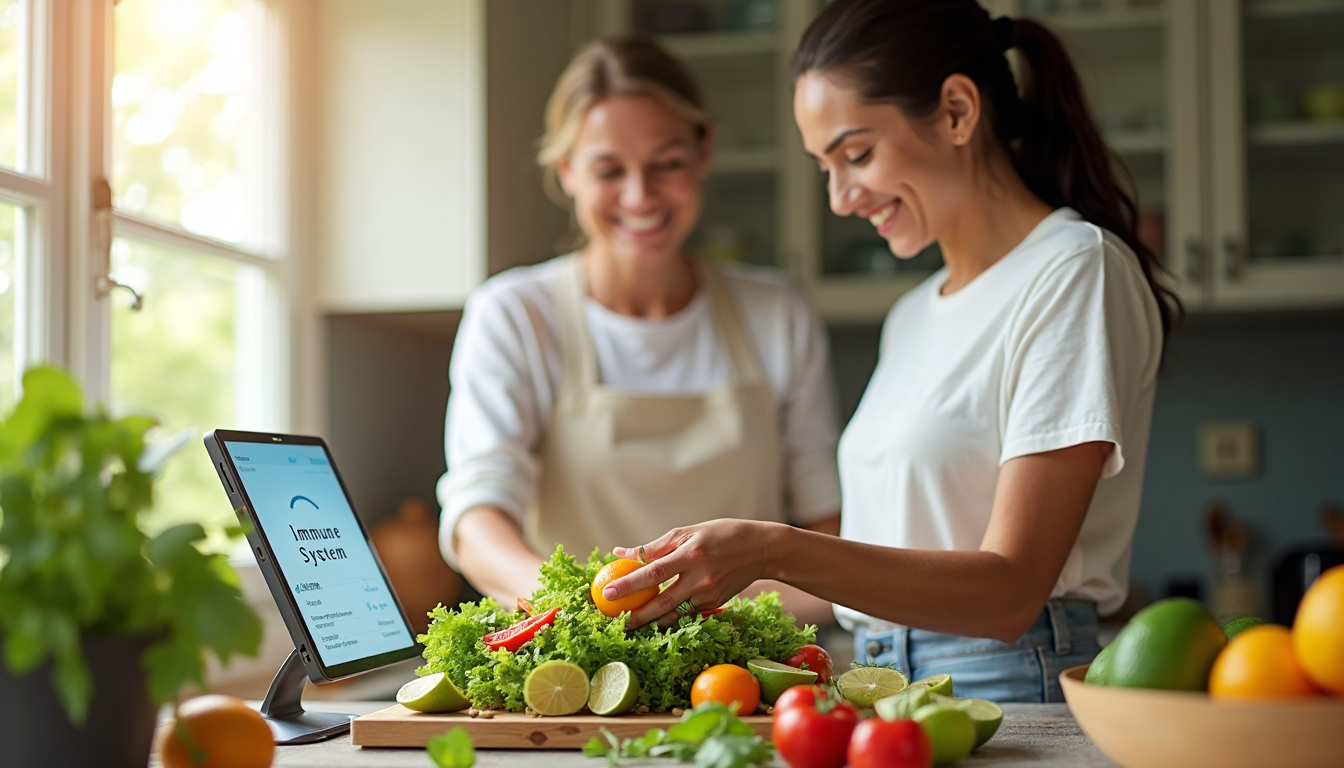 Two adults making a salad with nutrition app on tablet