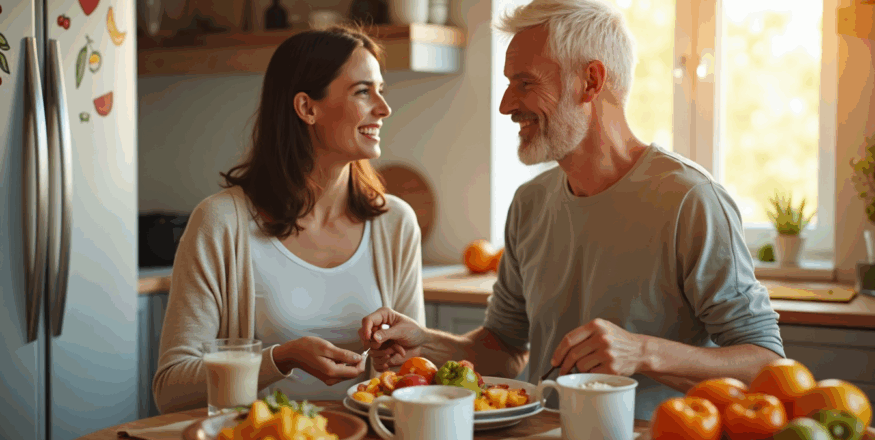 Two adults share healthy breakfast in sunny kitchen