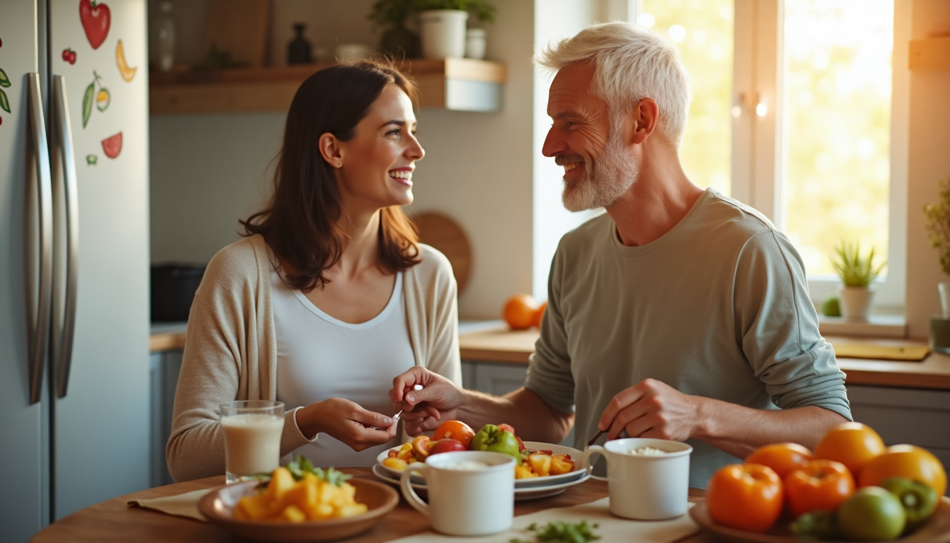 Two adults share healthy breakfast in sunny kitchen