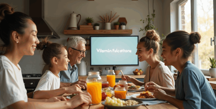Family at breakfast table with vitamins and screen showing 'Vitamin Functions'