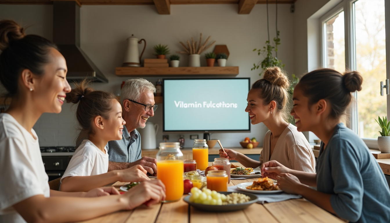 Family at breakfast table with vitamins and screen showing 'Vitamin Functions'