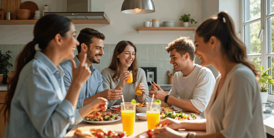 Group enjoying healthy breakfast in sunny kitchen with nutrition poster