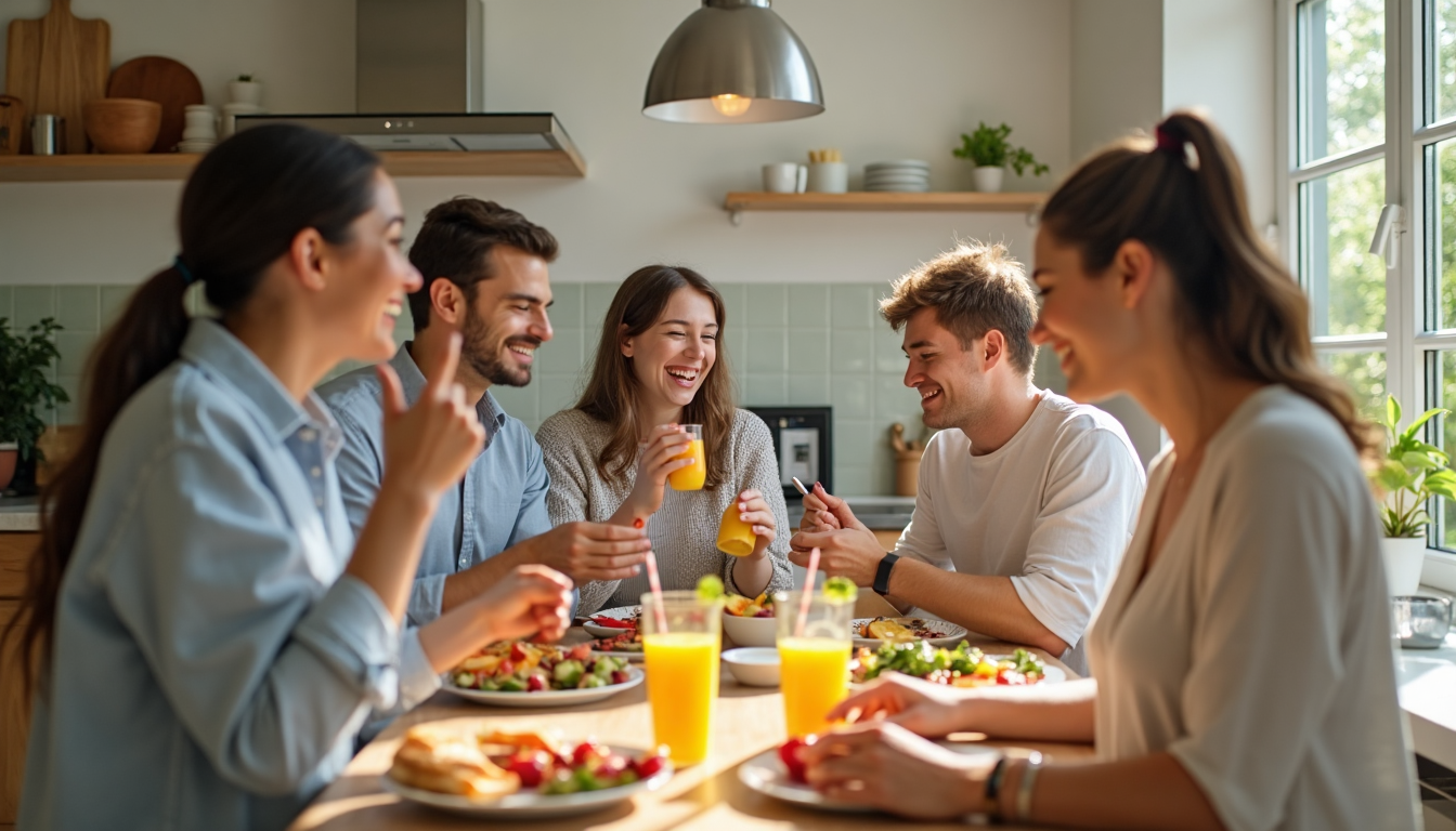 Group enjoying healthy breakfast in sunny kitchen with nutrition poster