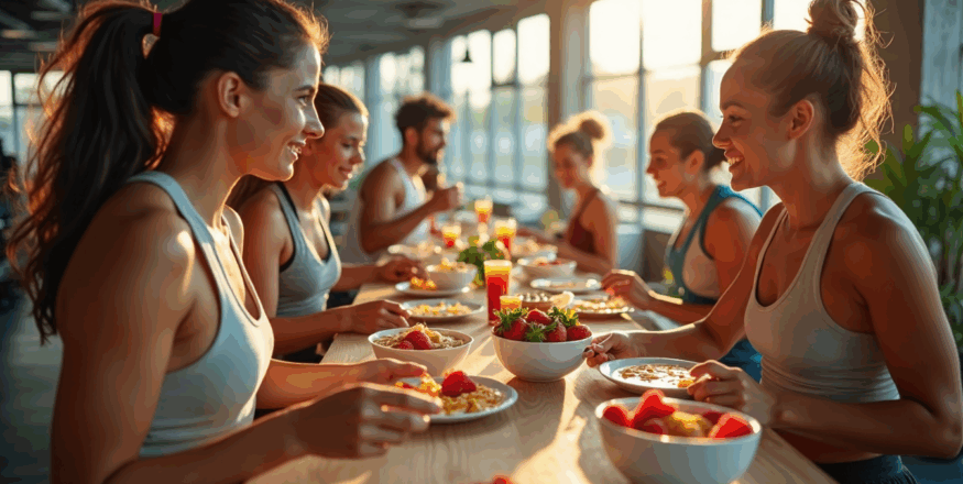 Athletes sharing breakfast in a sunlit gym with nutrition banner