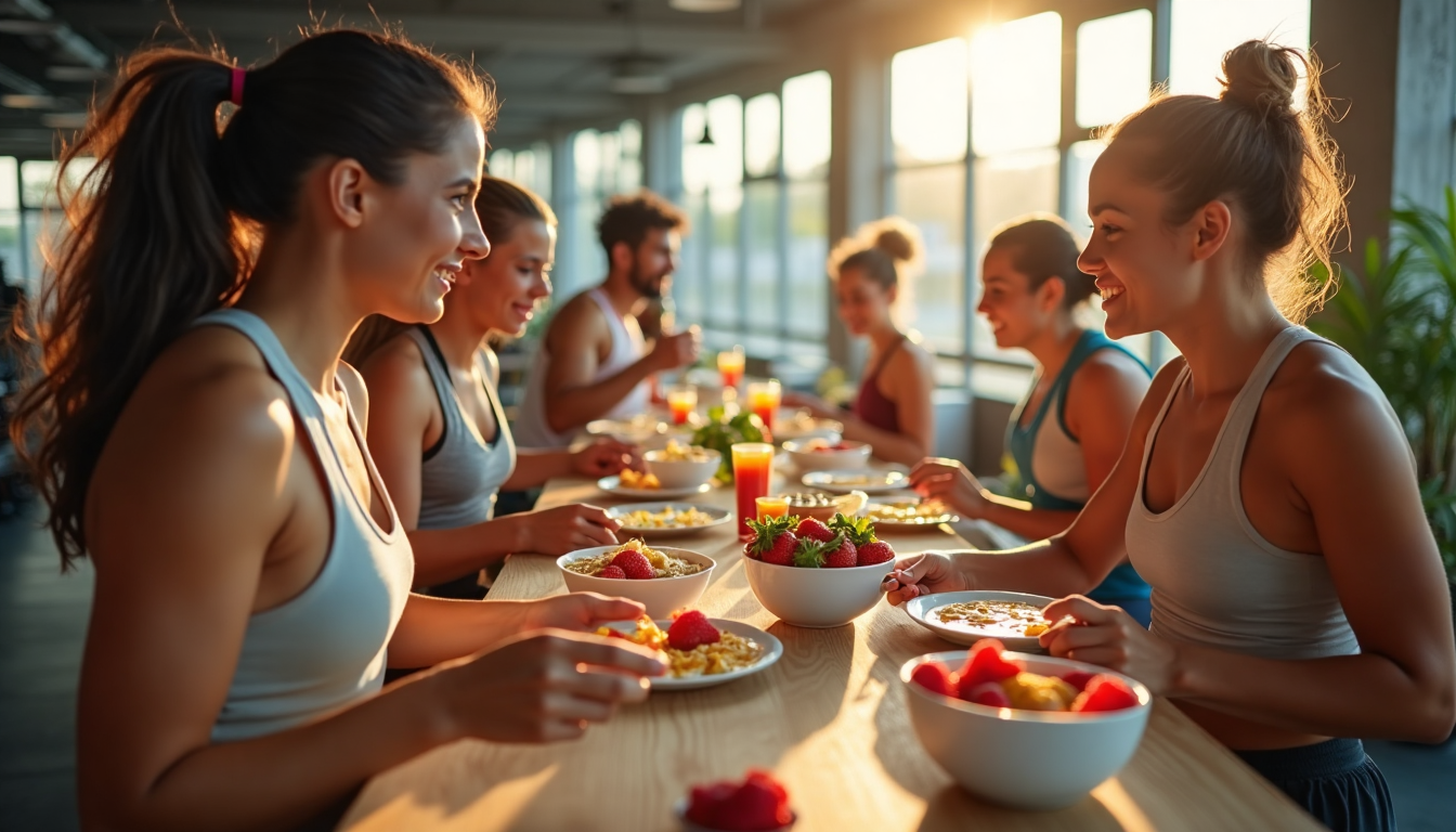 Athletes sharing breakfast in a sunlit gym with nutrition banner
