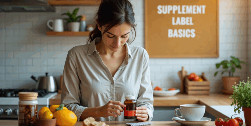 Person reading supplement label in sunlit kitchen with educational poster