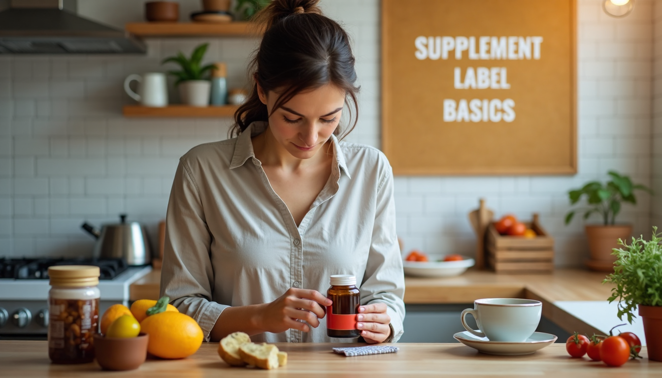 Person reading supplement label in sunlit kitchen with educational poster