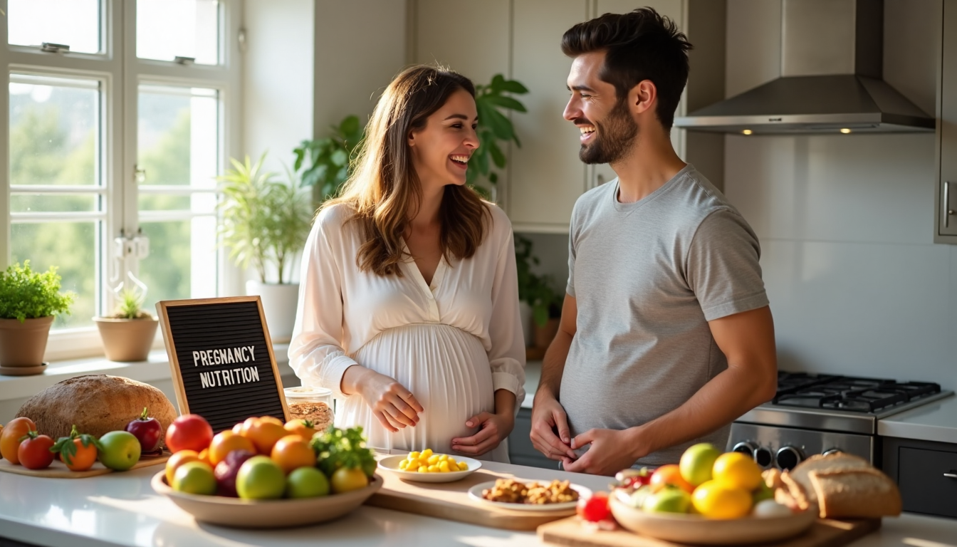 Pregnant woman and partner prepping healthy breakfast with letterboard.
