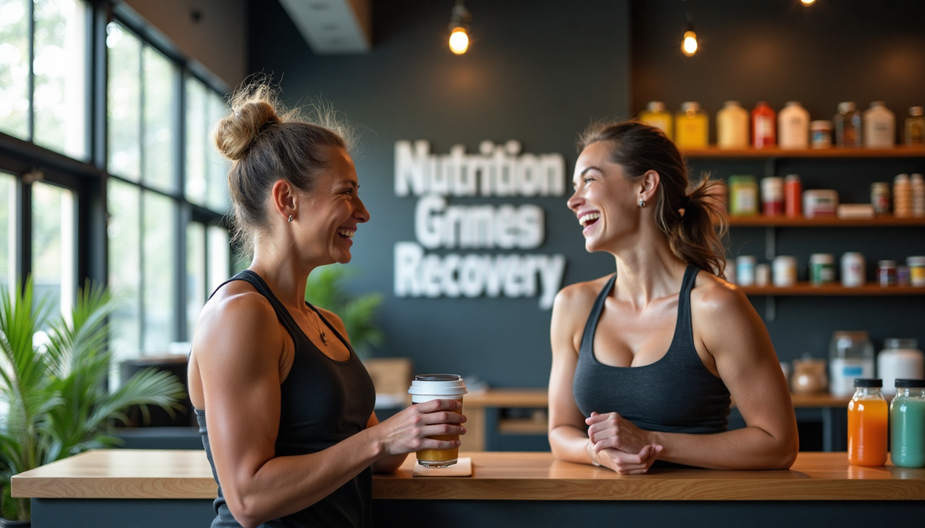 Two athletes at gym nutrition bar after workout