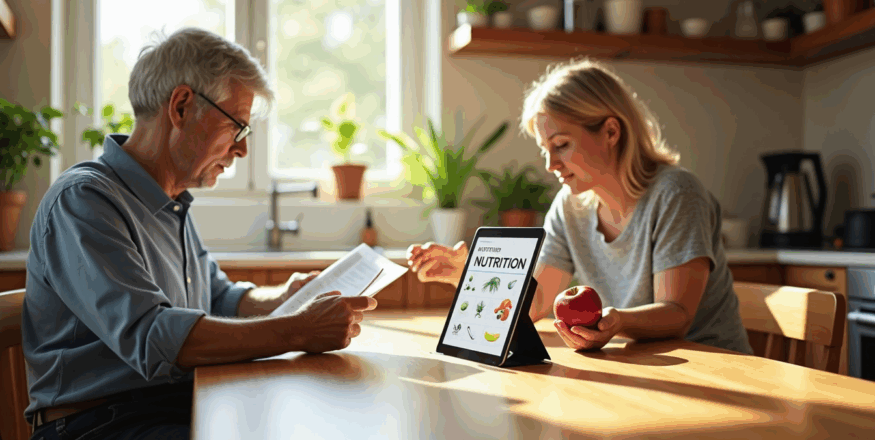 People reading nutrition science at kitchen table with digital banner