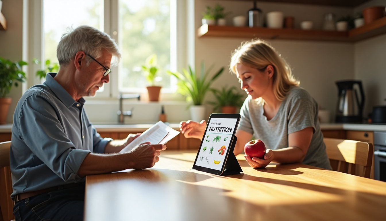 People reading nutrition science at kitchen table with digital banner