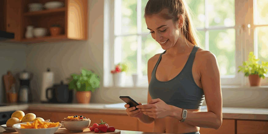 Woman in bright kitchen checking fitness app with healthy breakfast