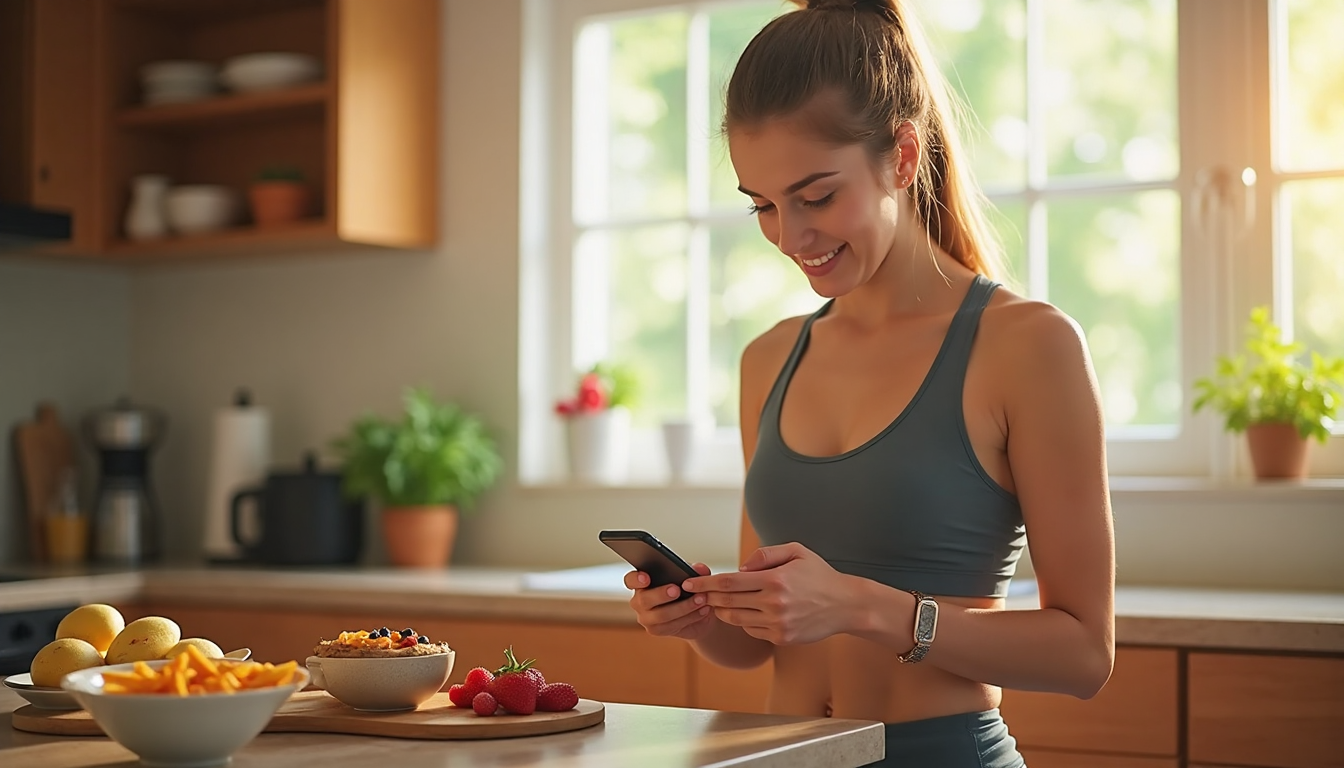 Woman in bright kitchen checking fitness app with healthy breakfast