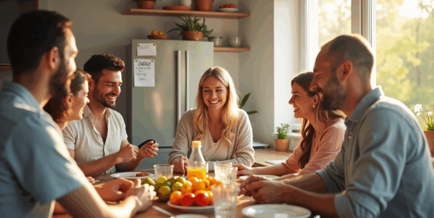 People in bright kitchen sharing healthy breakfast and morning energy routines