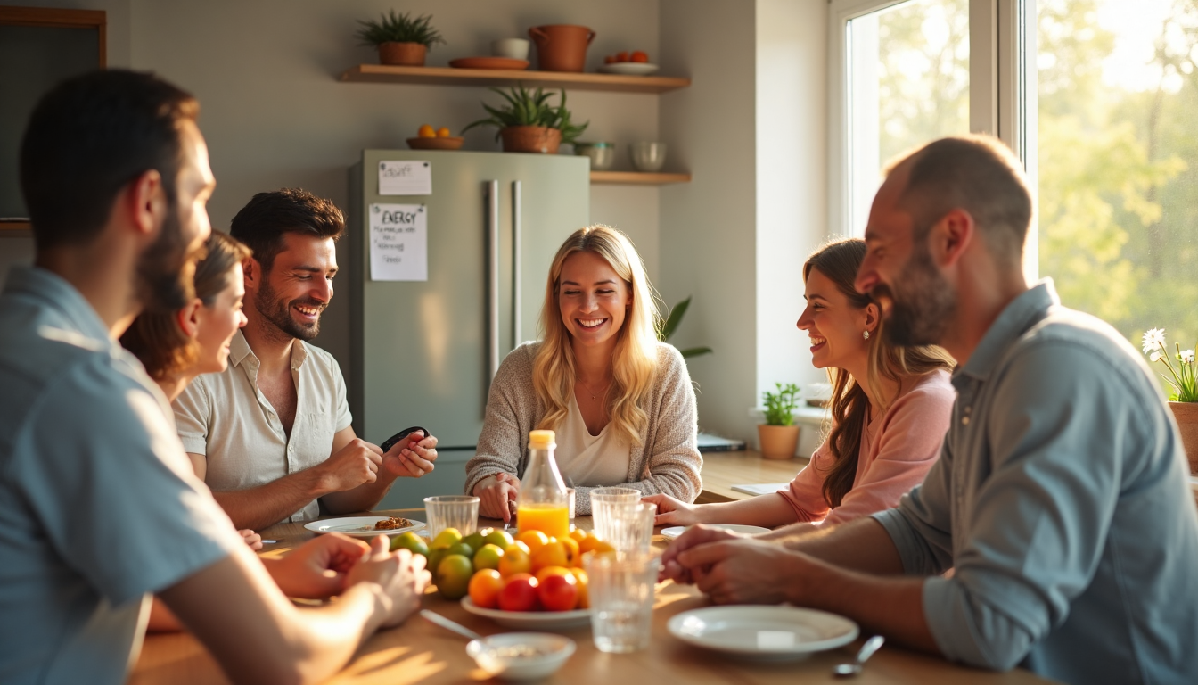 People in bright kitchen sharing healthy breakfast and morning energy routines