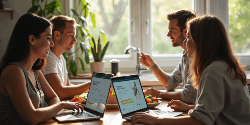 Group of adults reviewing personalized nutrition plans together at kitchen table