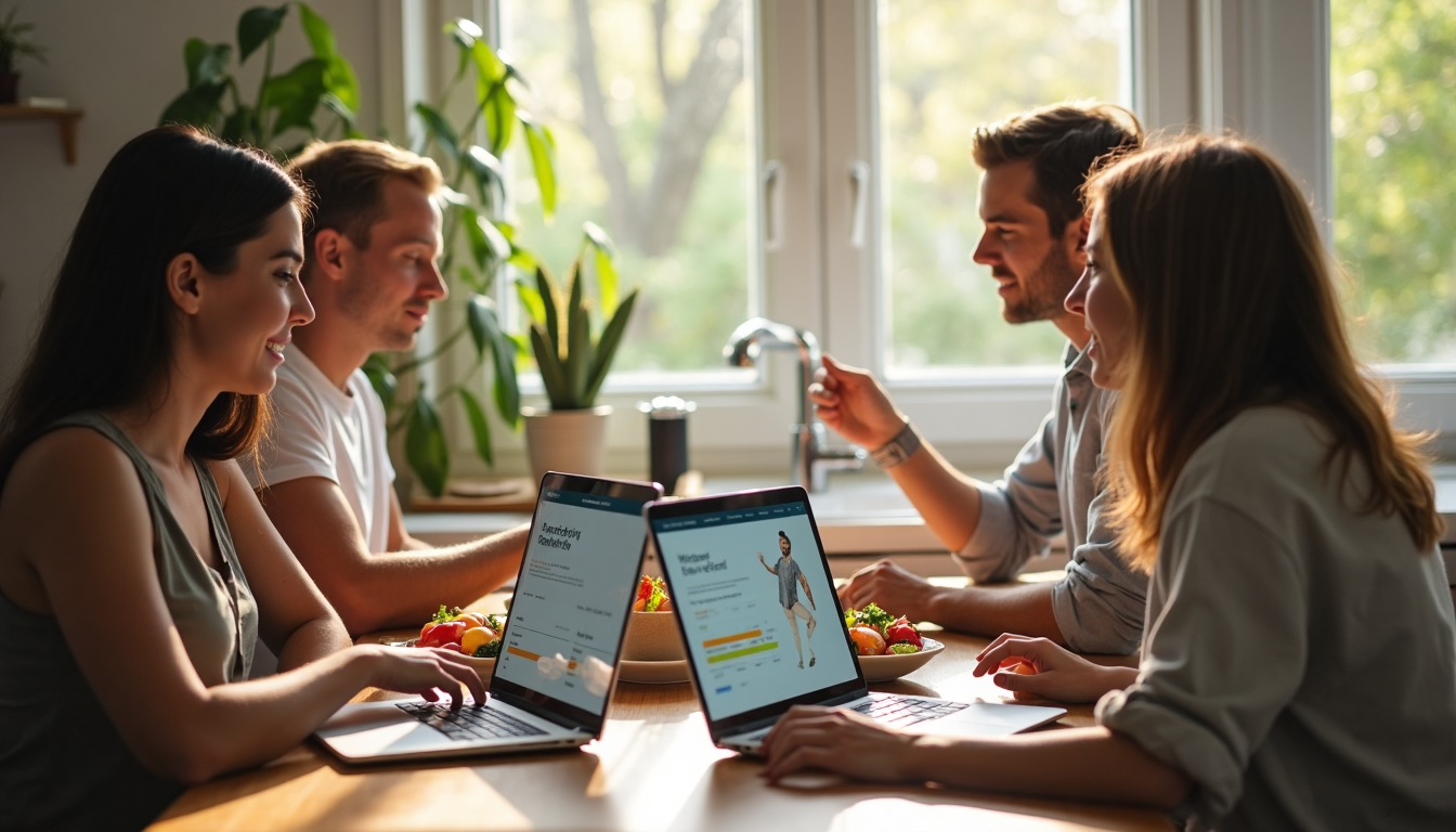 Group of adults reviewing personalized nutrition plans together at kitchen table