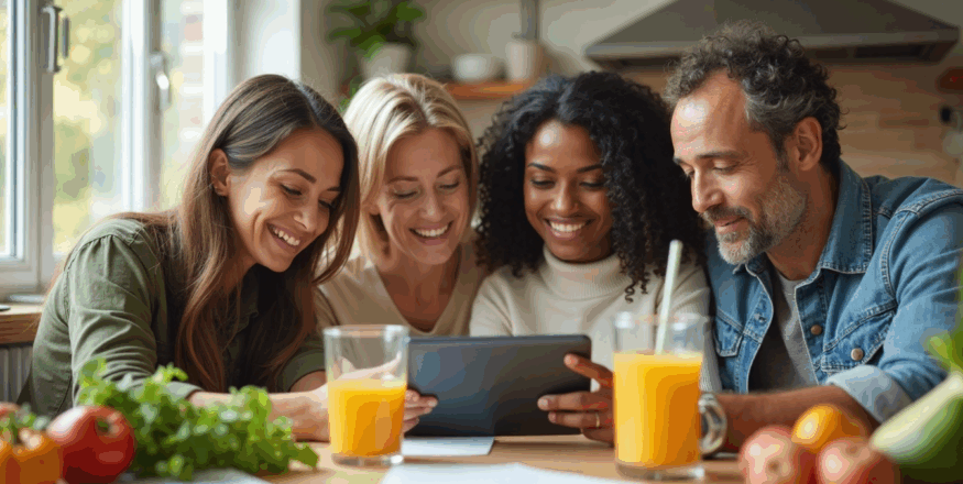 Family discussing food budgets and nutrition with 'Nutrition Challenges' text shown.