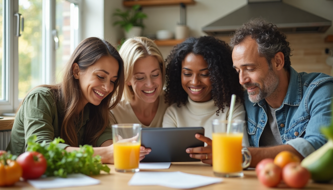 Family discussing food budgets and nutrition with 'Nutrition Challenges' text shown.