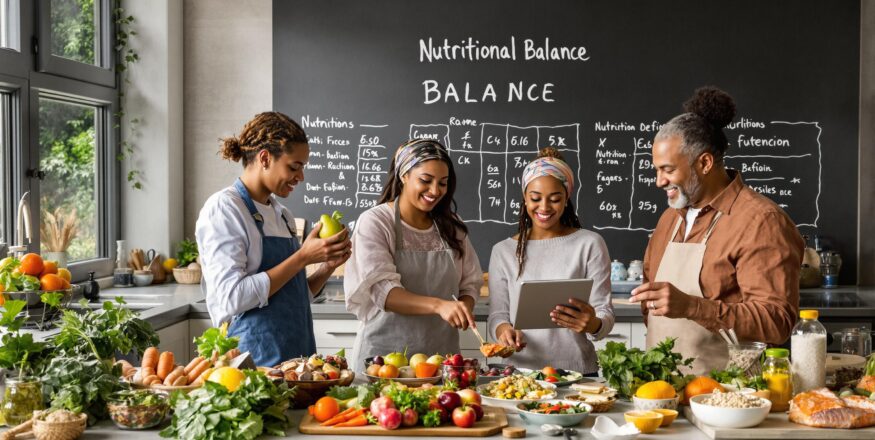 Family preparing balanced meal in bright kitchen, promoting nutritional health