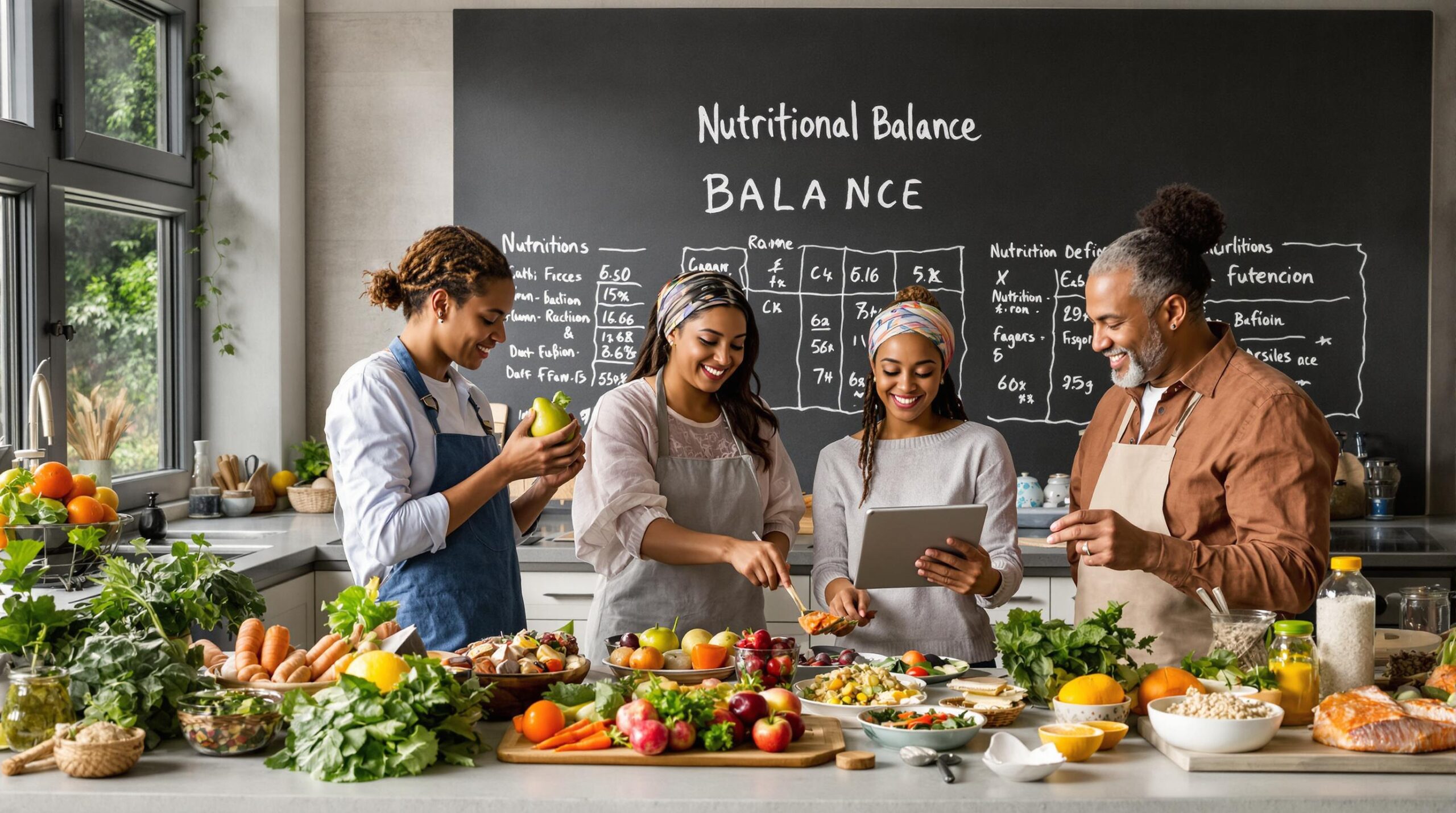 Family preparing balanced meal in bright kitchen, promoting nutritional health