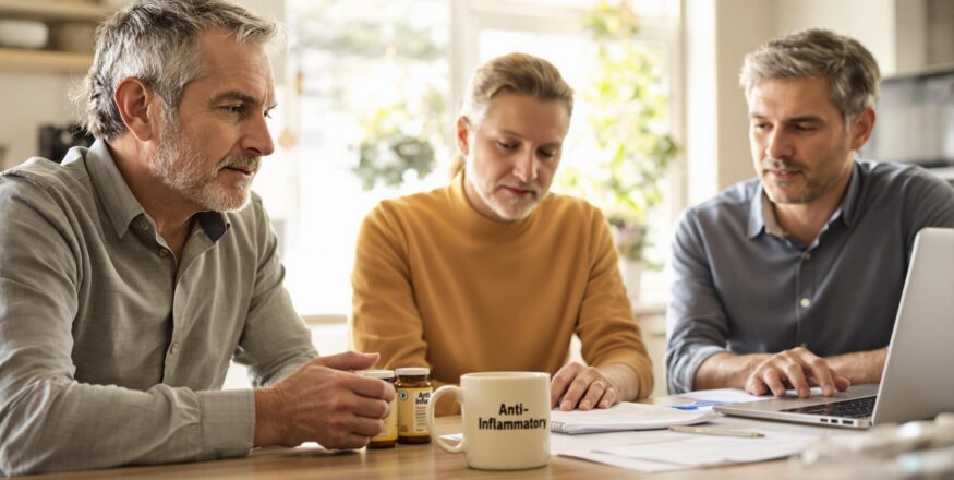 Diverse adults at kitchen table examining anti-inflammatory supplements with focused expressions.