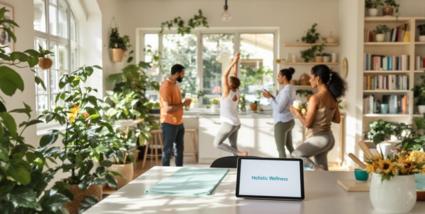 Diverse group in bright living room practicing holistic wellness activities