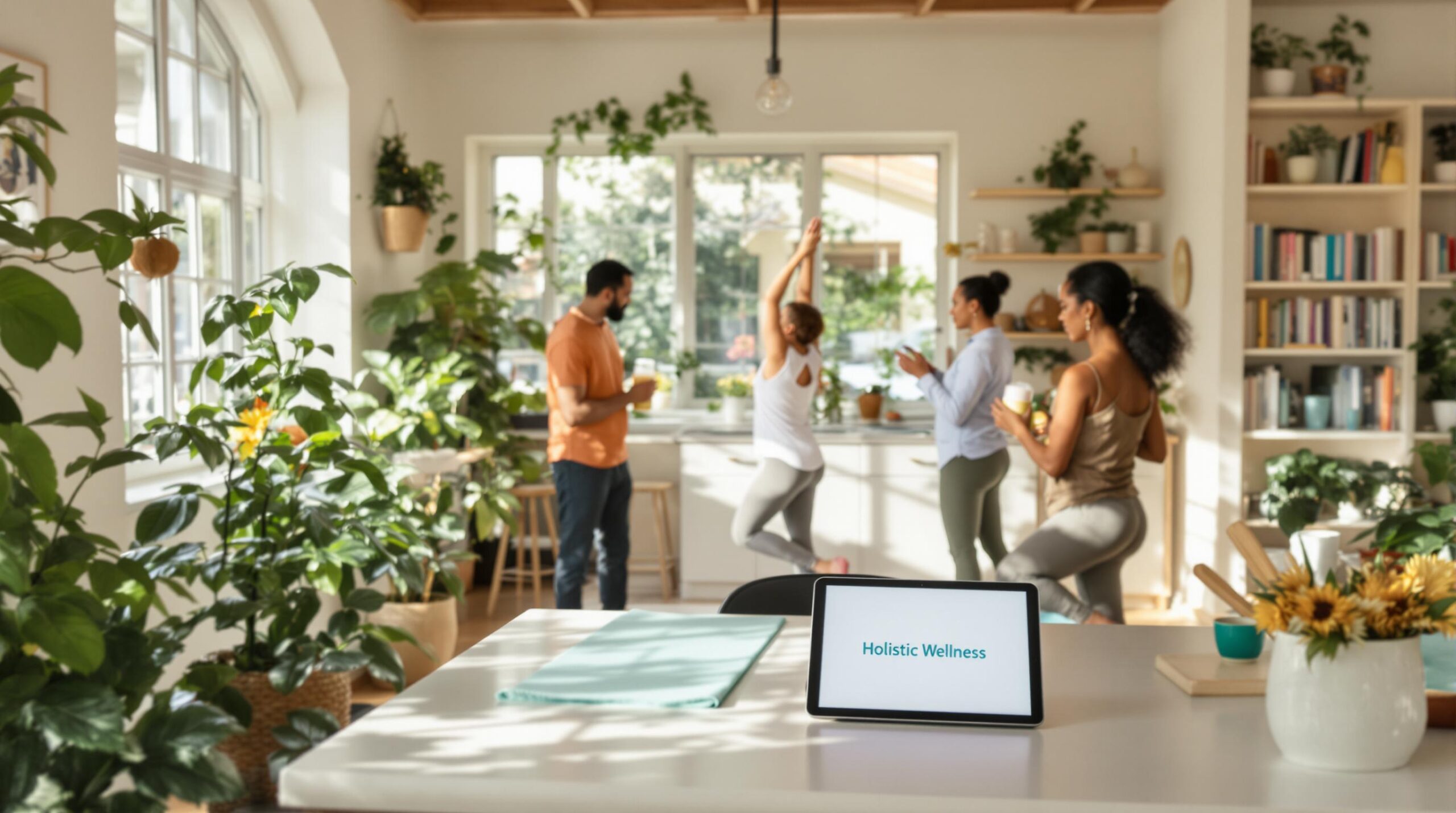Diverse group in bright living room practicing holistic wellness activities