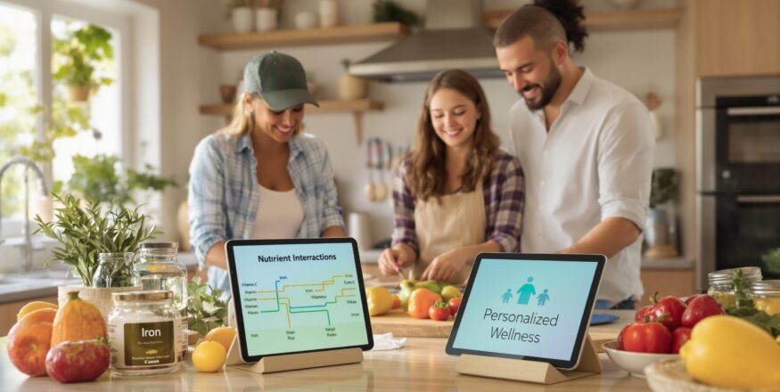 Family prepares healthy meal with nutrient chart and wellness text