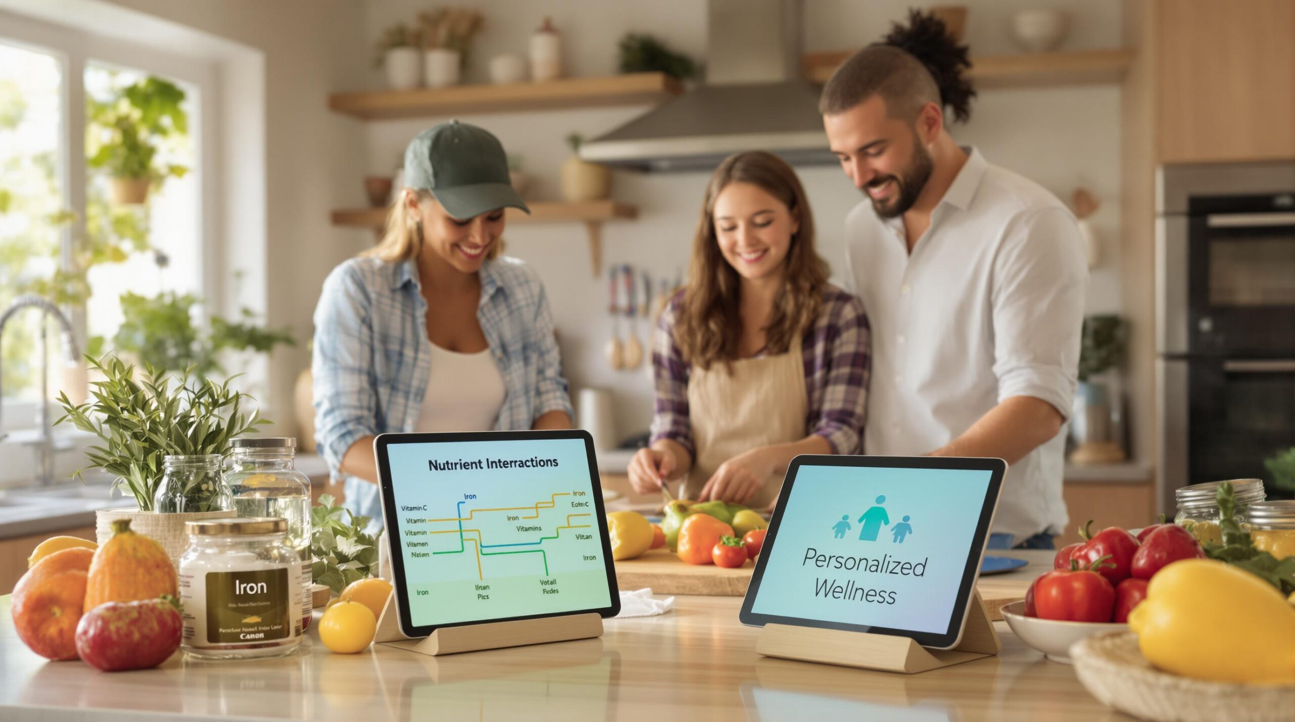 Family prepares healthy meal with nutrient chart and wellness text