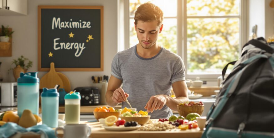 Young adult prepares balanced pre-workout meal in sunlit kitchen with motivational 'Maximize Energy' note