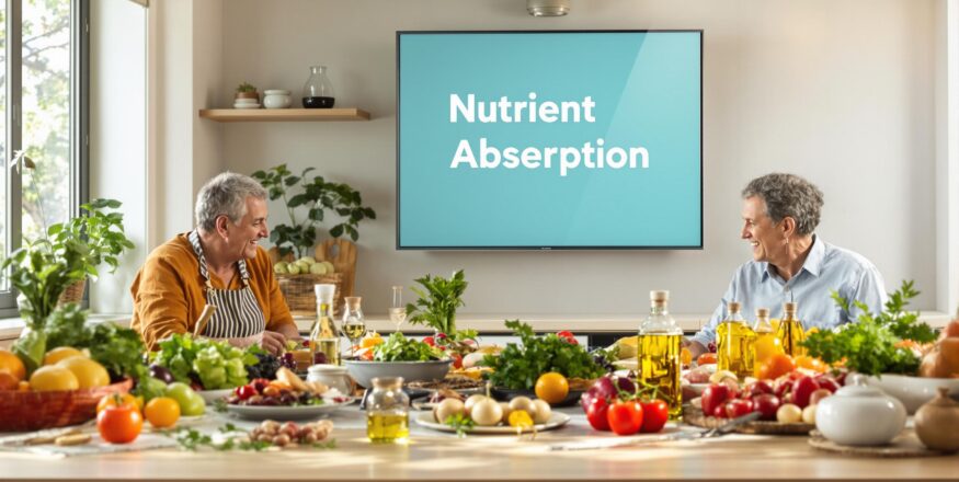 People sharing a colorful meal with 'Nutrient Absorption' text on a poster