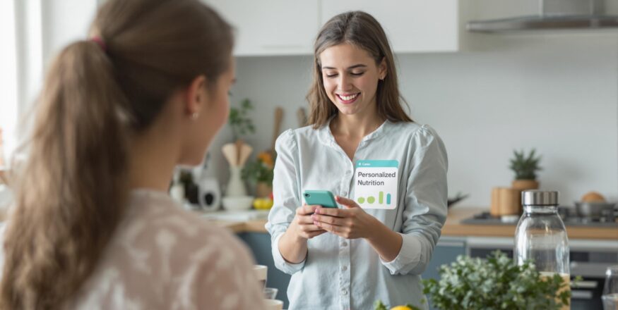 Young adult using nutrition app in kitchen, surrounded by healthy food