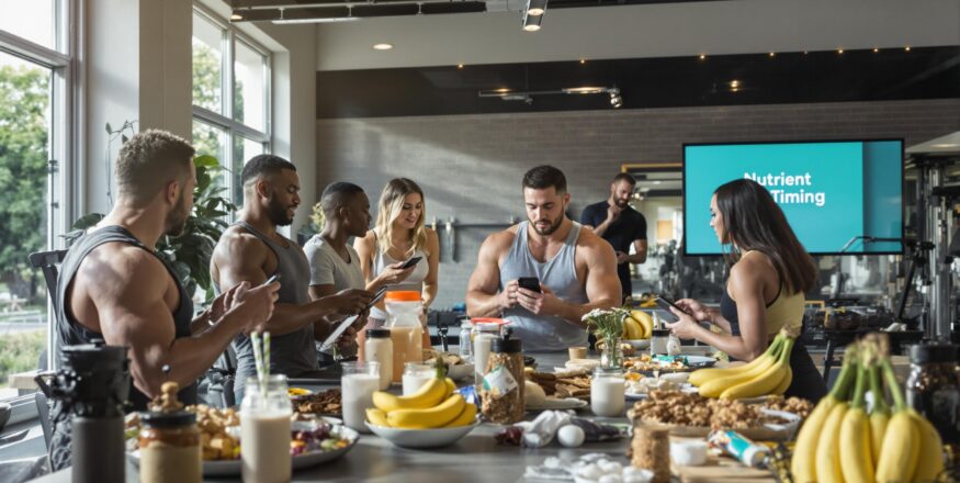 Group of athletes with post-workout meals and nutrition app in bright gym